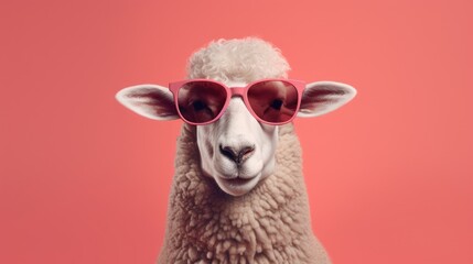 Fototapeta premium Creative animal concept. Sheep lamb in sunglass shade glasses isolated on solid pastel background, commercial, editorial advertisement, surreal surrealism