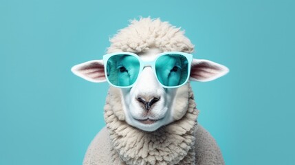 Creative animal concept. Sheep lamb in sunglass shade glasses isolated on solid pastel background, commercial, editorial advertisement, surreal surrealism