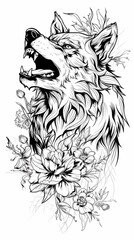 A black and white drawing of a wolf surrounded by flowers