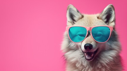 Creative animal concept. Wolf in sunglass shade glasses isolated on solid pastel background,...