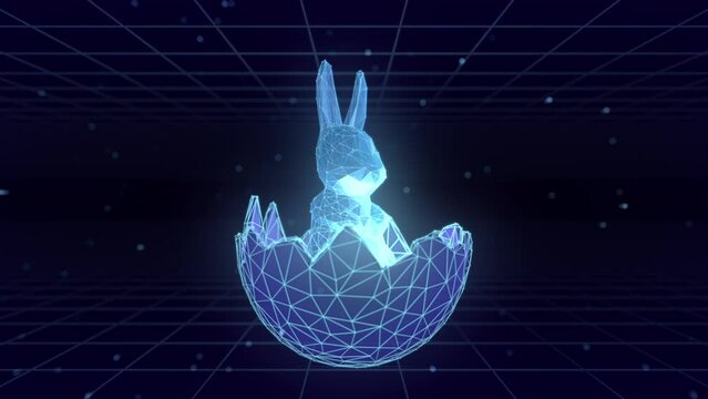 Digital Easter greeting featuring a bunny and an egg with futuristic retro '80s-'90s light effects, wishing Happy Easter. Looped video.