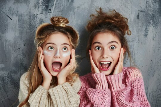 No filter photo of excited cheerful lovely girls speaking sharing news beauty salon procedure isolated on grey color textile background