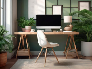 Stylish and modern home office setup with natural light and green plants, showcasing a comfortable and productive remote work environment