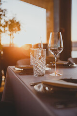 table setting in restaurant sunset