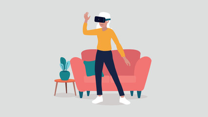 Vektor-Illustration einer Frau, die eine Virtual-Reality-Brille in ihrem Wohnzimmer benutzt - Konzept der künstlichen Intelligenz