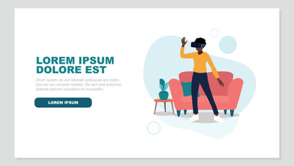 Vektor-Illustration einer Frau, die eine Virtual-Reality-Brille in ihrem Wohnzimmer benutzt - Konzept der künstlichen Intelligenz