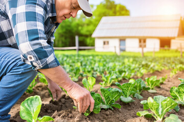 The farmer collects young vegetables in the garden.