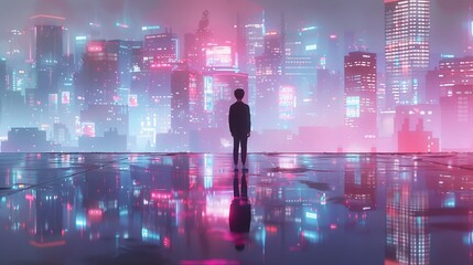 Silhouette of a boy in front of the futuristic city - Powered by Adobe