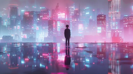 Silhouette of a boy in front of the futuristic city