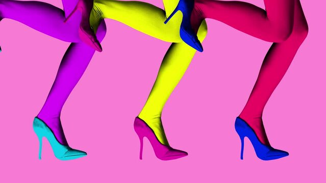 Modern animation. Stop motion. Three pairs of legs lift s high when they dance in vivid color palette. Bright comics style design. Concept of art, disco, party, retro fashion, happy and fun.