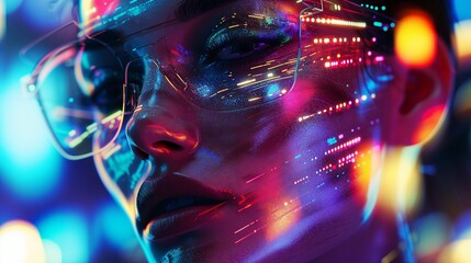 Close-up potrait of a Woman Face in Futuristic Style Fashion with a Cybernetic Neon Cyberpunk...