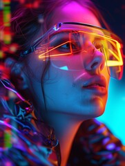Close-up potrait of a Woman Face in Futuristic Style Fashion with a Cybernetic Neon Cyberpunk Background Light