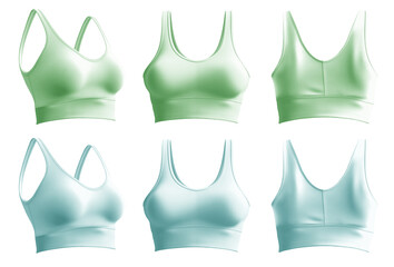 2 Set of pastel green turquoise blue, front back side view, sports exercise bra tank crop top on transparent background cutout, PNG file. Mockup template for artwork graphic design - obrazy, fototapety, plakaty