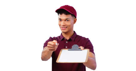 Delivery, signature and portrait of man with clipboard for package, writing and service in logistics. Smile, male courier and paperwork for shipping job on isolated, transparent and png background