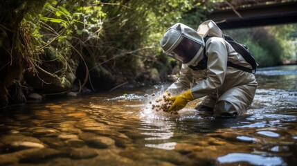 A scientist wearing a protective uniform collects samples from the river for quality analysis in the laboratory. Viral, bacterial, biological contamination of the environment, an environmental.