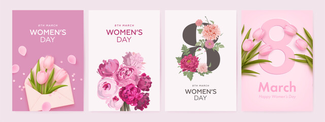International women's day banner or greeting card design template set with hand drawn and realistic flowers. Festive elegant background. Vector illustration