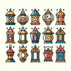 A vibrant set of colorful ornate lanterns illustration with line art and flat color design style. 