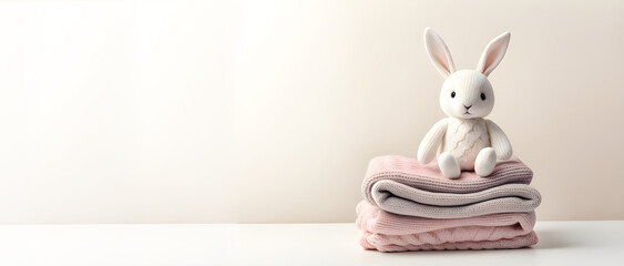 Peluche de conejo blanco sentado sobre ropa de lana. Pila de ropa de bebé con peluche de animal. IA. - obrazy, fototapety, plakaty