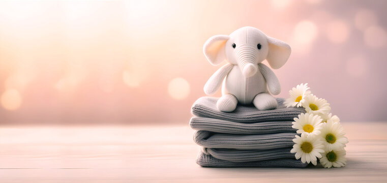 Mu&ntilde;eco de elefante sentado sobre ropa de lana. Pila de ropa de lana con peluche encima y flores decorando. IA.