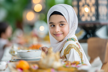  Joyful Young Girl in Hijab at Festive Table During Eid Celebration