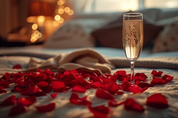 Immerse yourself in a series of intimate settings where beds adorned with petals, glasses of champagne, and delectable Valentine's Day sweets create a curated ambiance of love, tenderness, passion - obrazy, fototapety, plakaty