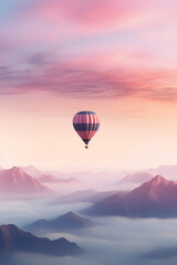Colorful hot air balloon flying early in the morning over the mountain. Scenic sunrise or sunset view. Spring or summer landscape. Romantic travel, vacation or date concept