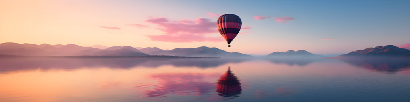 Colorful hot air balloon flying early in the morning over the sea, ocean or lake. Scenic sunrise or sunset view. Spring or summer landscape. Romantic travel, vacation or date concept