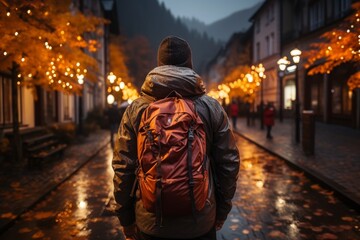 Fototapeta premium Man stays in old town street at night with backpack and enjoys the views, rear view