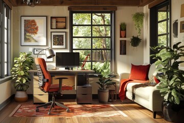 Stylish and modern home office setup with natural light and green plants, showcasing a comfortable and productive remote work environment