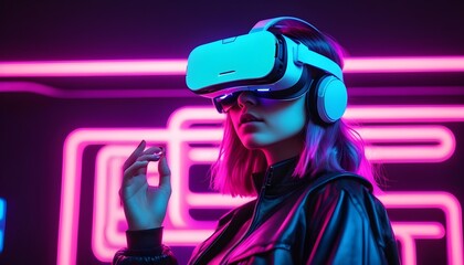 Young girl model with short white purple hairs wearing a VR visor viewer, sci-fi low-poly background, pink led stripes  lights behind her - obrazy, fototapety, plakaty