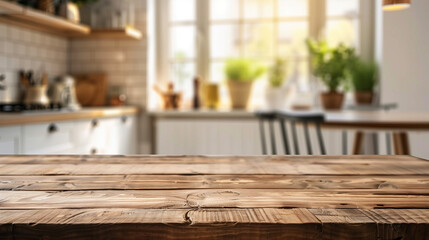 Fototapeta na wymiar Wooden tabletop view for product montage over blurred kitchen interior background. 