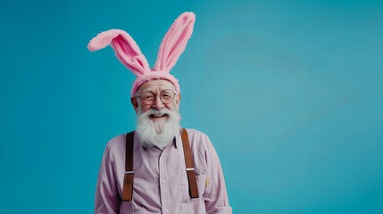 stylish Senior man in Easter bunny costume smiling positive emotions blue background with place for text