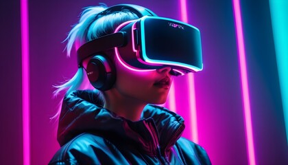 Young girl model with short white hairs wearing a VR visor viewer, purple led lights on the VR and on the wall behind her - obrazy, fototapety, plakaty