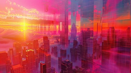 Sunset over a cyberpunk cityscape, neon reflections, dynamic dimensions