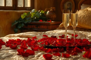 Naklejka na ściany i meble Immerse yourself in a series of intimate settings where beds adorned with petals, glasses of champagne, and delectable Valentine's Day sweets create a curated ambiance of love, tenderness, passion