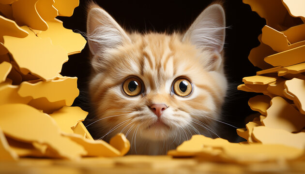 Cute kitten with yellow fur, sitting and staring at camera generated by AI