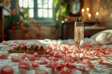 Immerse yourself in a series of intimate settings where beds adorned with petals, glasses of champagne, and delectable Valentine's Day sweets create a curated ambiance of love, tenderness, passion - obrazy, fototapety, plakaty