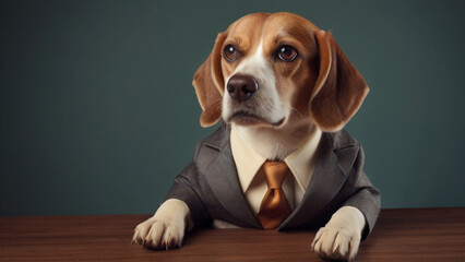 Beagle wearing formal business suit, studio shoot on plain color background, cooperative business concept.