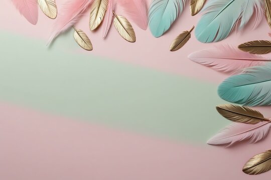 Dreamy Pastel Pink, Green, and Gold Feather Decorations on Soft Background