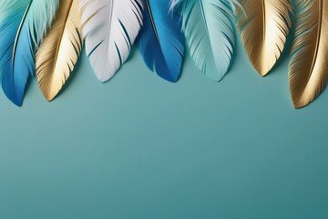 Pastel Blue Background with Blue, Gold, and White Feather Overhang