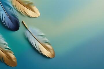 Elegant Blue and Gold Feathers on Gradient Background