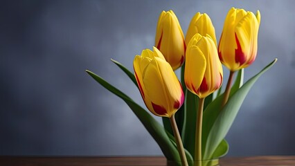 A bouquet of beautiful and delicate yellow tulips stand on a wooden table. Space for copying. Place for text. Banner.