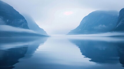 Misty fjords of Norway at dawn, calming rhythms, serene reflections in still waters 