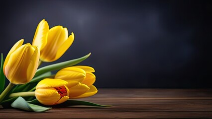 A bouquet of yellow tulips lie on a wooden table. Space for copying. Place for text. Banner. Close-up.