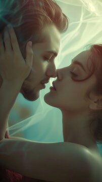 A lady is holding a man's head and kissing him, beautiful romantic image of a couple of lovers, smoke and light effect, vertical 9:16 format portrait of two people in love in a passionate embrace