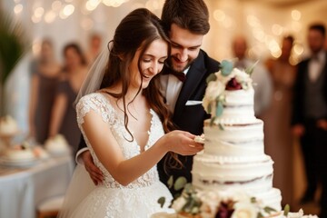 A Newly Married Couple Cutting Their Wedding Cake, A wedding couple sharing a slice of wedding cake, AI Generated - obrazy, fototapety, plakaty