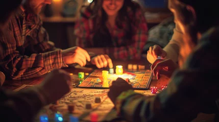 Deurstickers A family game night with vintage board games snacks and a warm inviting glow © weerut