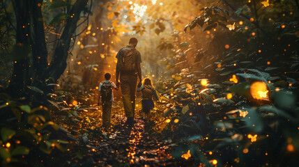 A family hiking photo where AI adds an enchanted forest vibe with glowing plants and mystical pathways
