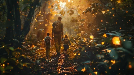 Fototapeten A family hiking photo where AI adds an enchanted forest vibe with glowing plants and mystical pathways © weerut