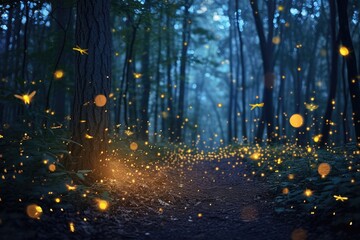 A well-defined path illuminated by the presence of numerous fireflies amidst a dense forest, A whimsical display of fireflies emerging at dusk in a dense forest, AI Generated